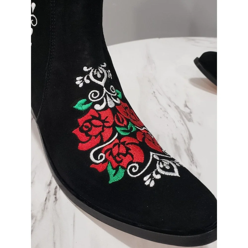 Agave Sky Suede Western Boots Calavera Cowboy Skull Roses Day of The Dead Witchy